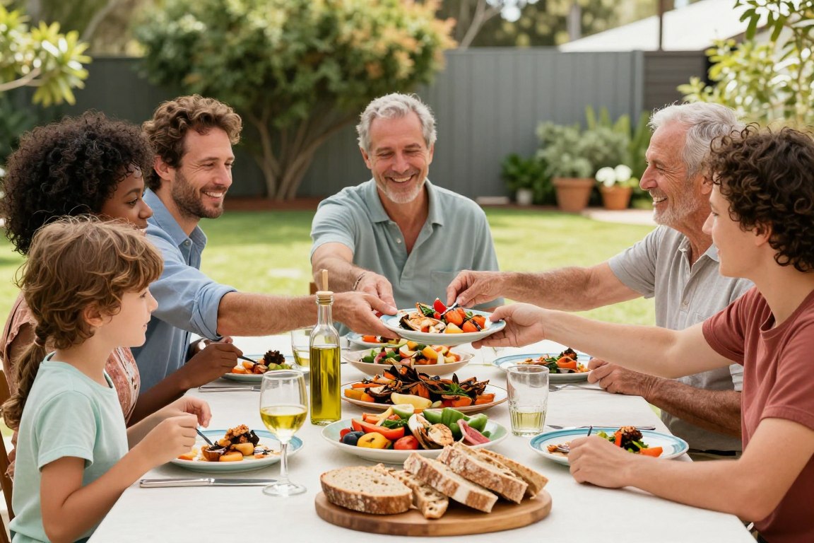 Australian family enjoying a Mediterranean-style meal outdoors with seafood, vegetables, and olive oil