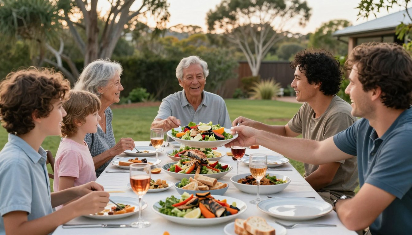 Australian family enjoying outdoor Mediterranean-style meal with various dishes and conversation