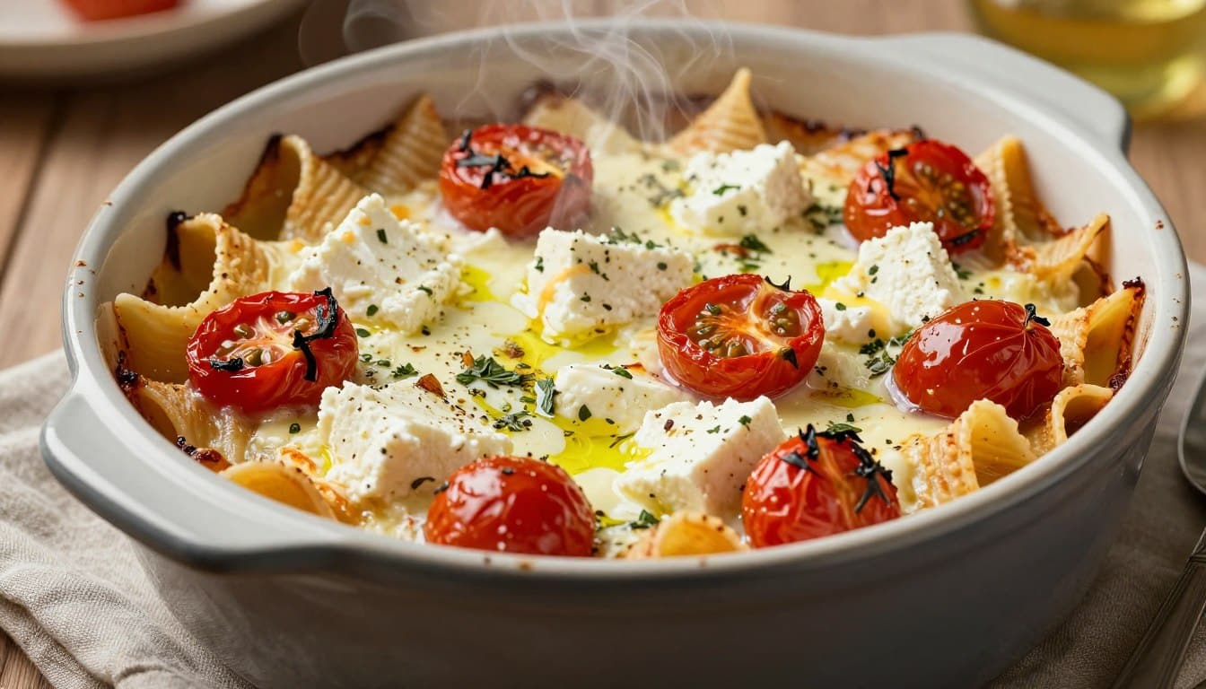 Baked Feta Pasta with cherry tomatoes, herbs, and olive oil