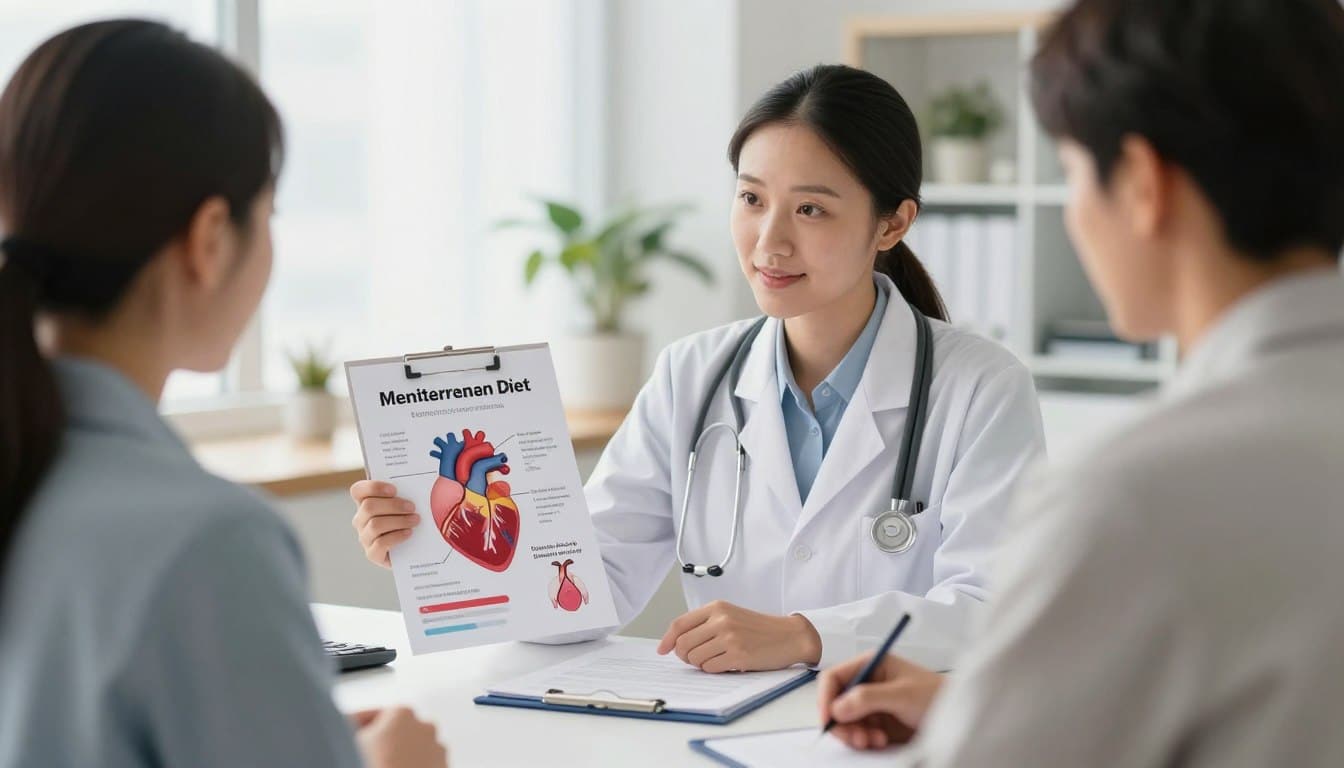 Doctor explaining Mediterranean diet benefits to a patient using a chart showing heart health improvements
