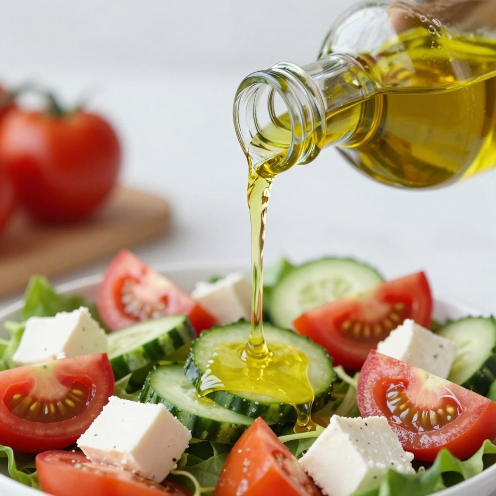Extra virgin olive oil being poured onto a Mediterranean salad
