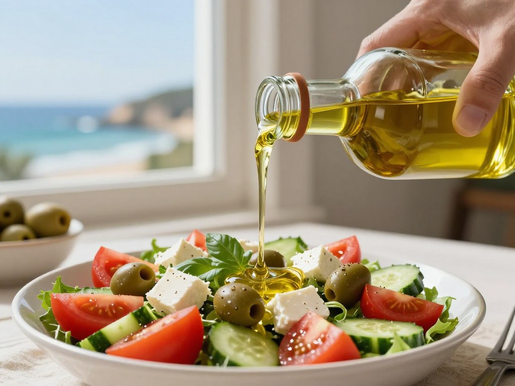 Extra virgin olive oil being poured over a Mediterranean salad with the Australian coastline visible in background