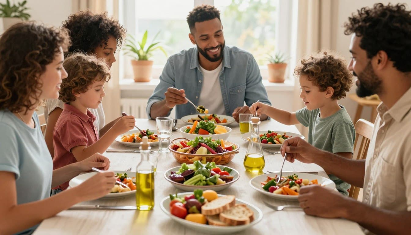 Family enjoying a Mediterranean meal together at a table with various dishes