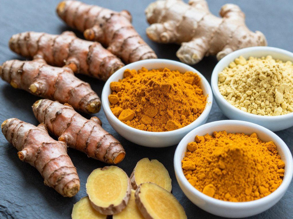 Fresh turmeric and ginger roots with ground spices
