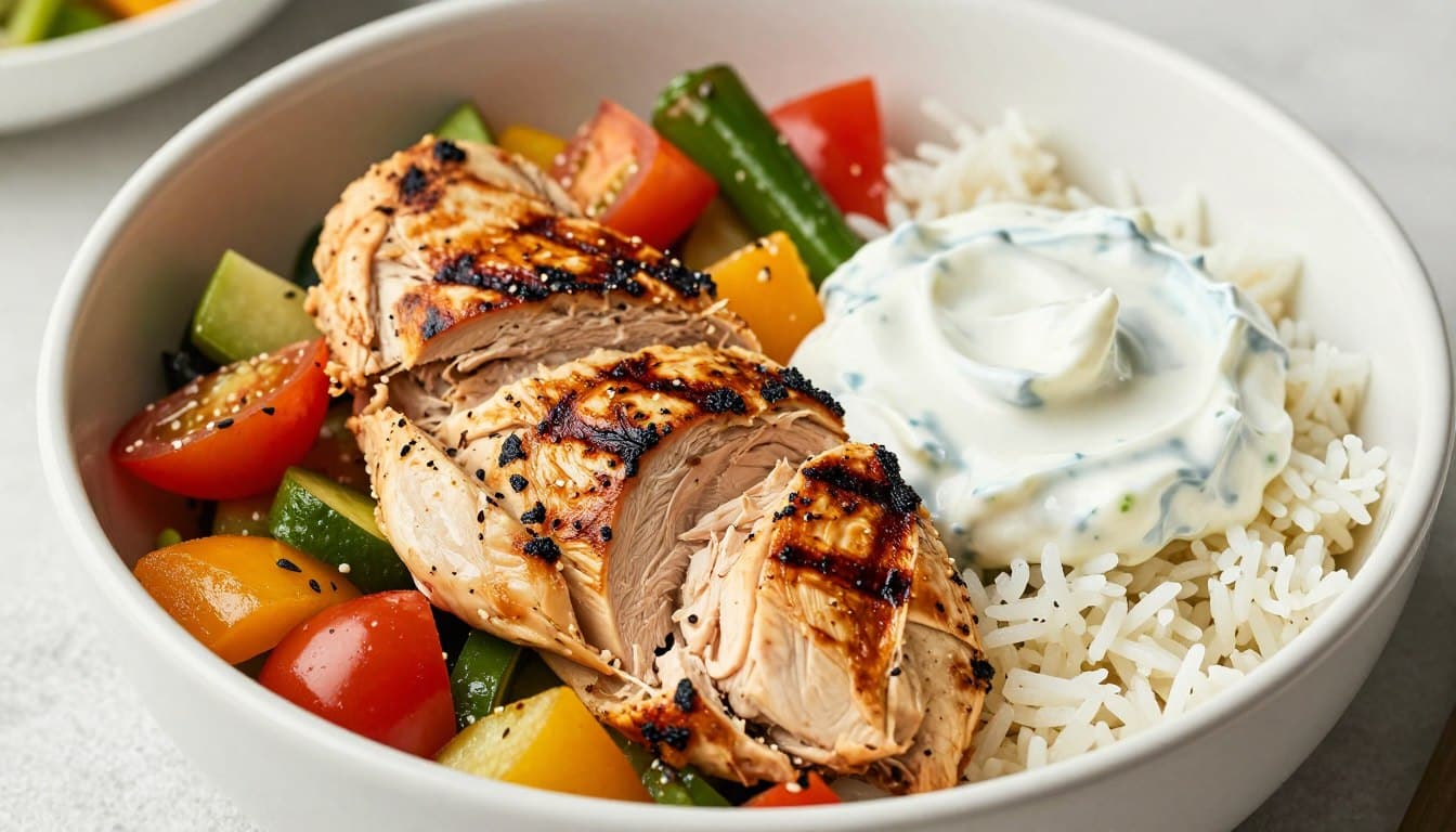 Greek Chicken Bowl with colorful vegetables, rice, and tzatziki sauce