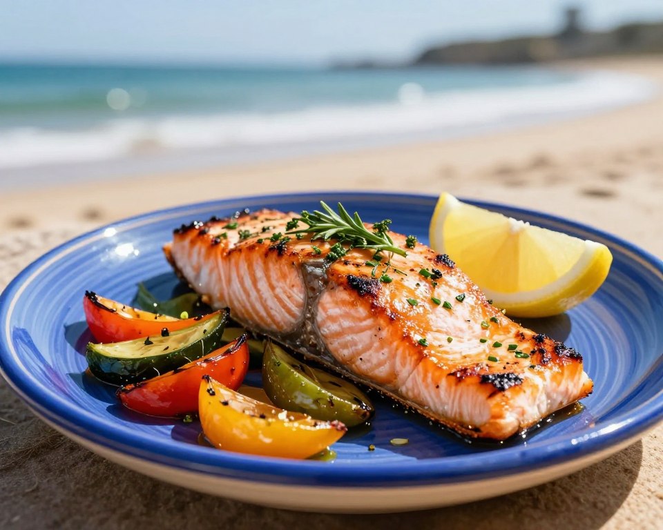 Grilled salmon with Mediterranean herbs and vegetables on an Australian beach setting