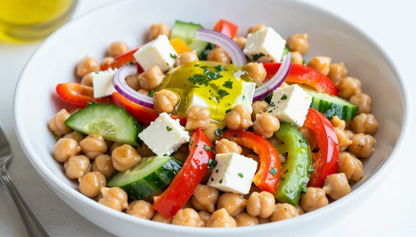 Mediterranean Chickpea Salad with colorful vegetables and feta cheese