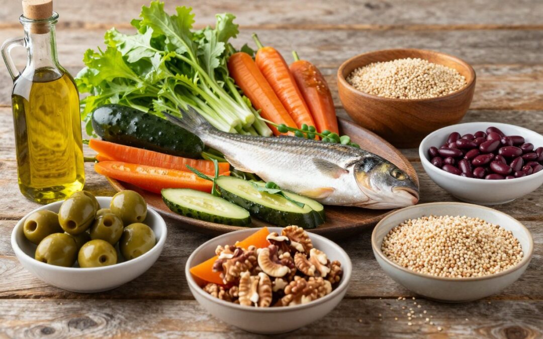 Mediterranean Diet foods including olive oil, fish, vegetables, and whole grains arranged on a wooden table