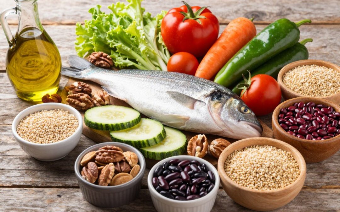 Mediterranean diet foods arranged on a wooden table showing olive oil, fish, vegetables, nuts, and whole grains that help combat insulin resistance