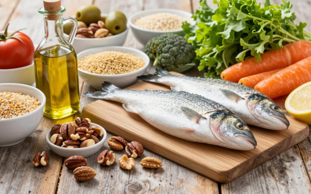 Mediterranean diet foods for cardiovascular disease prevention including olive oil, fish, nuts, and colorful vegetables arranged on a wooden table