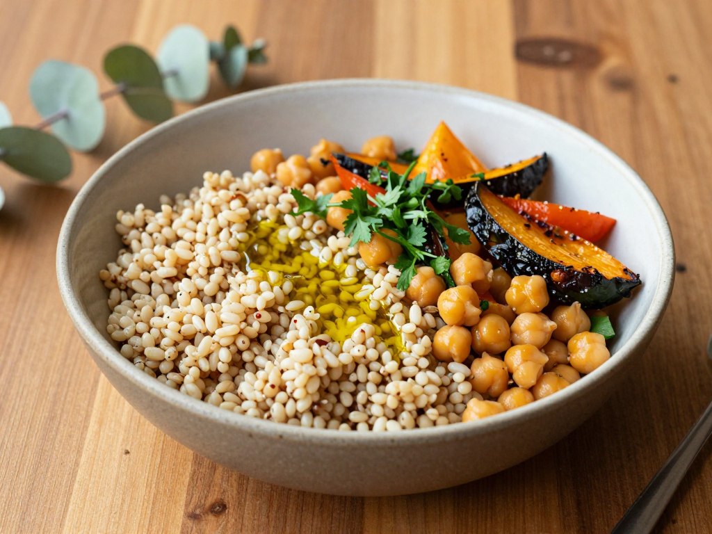 Mediterranean grain bowl with barley, chickpeas, vegetables, and olive oil on an Australian wooden table