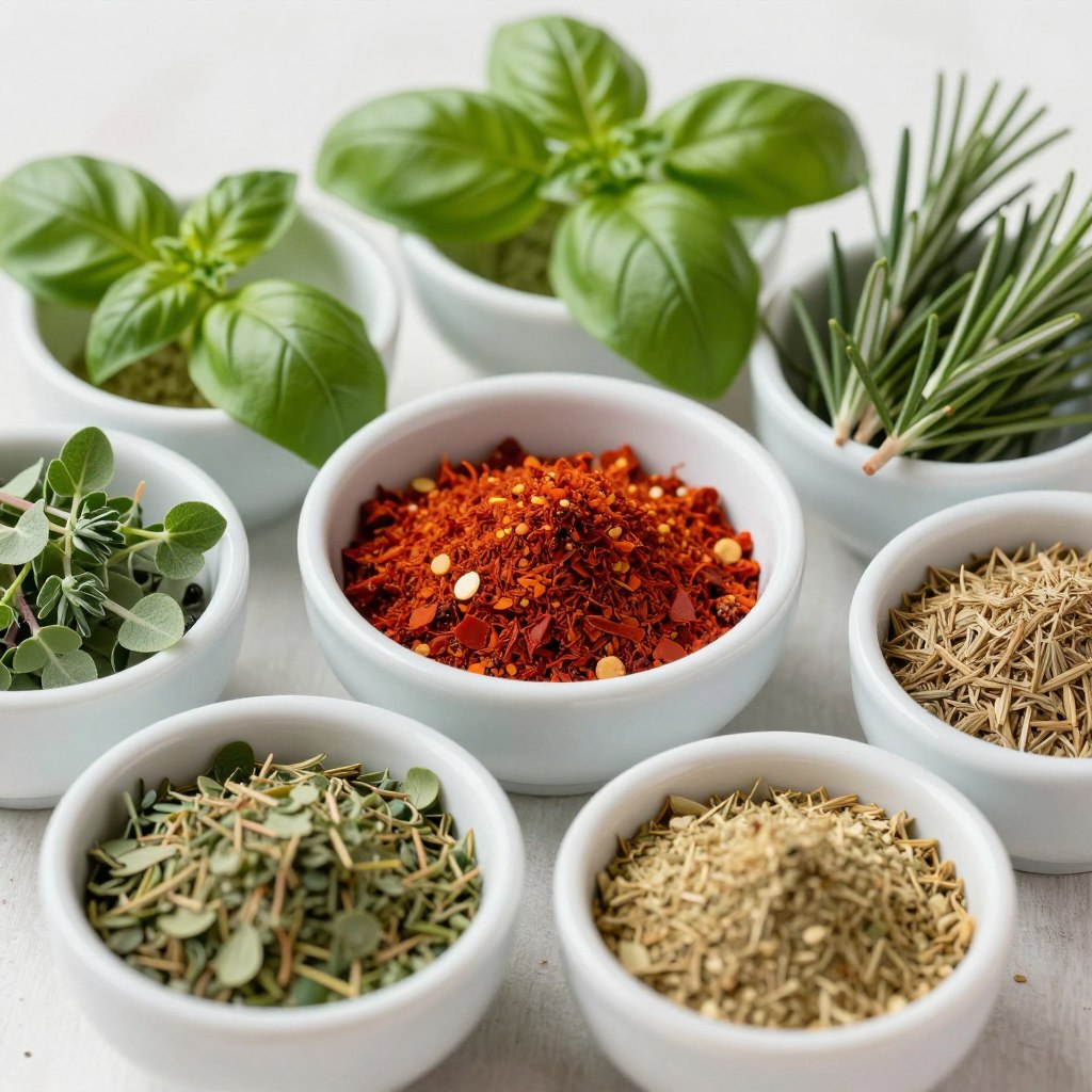 Mediterranean herbs and spices in small bowls