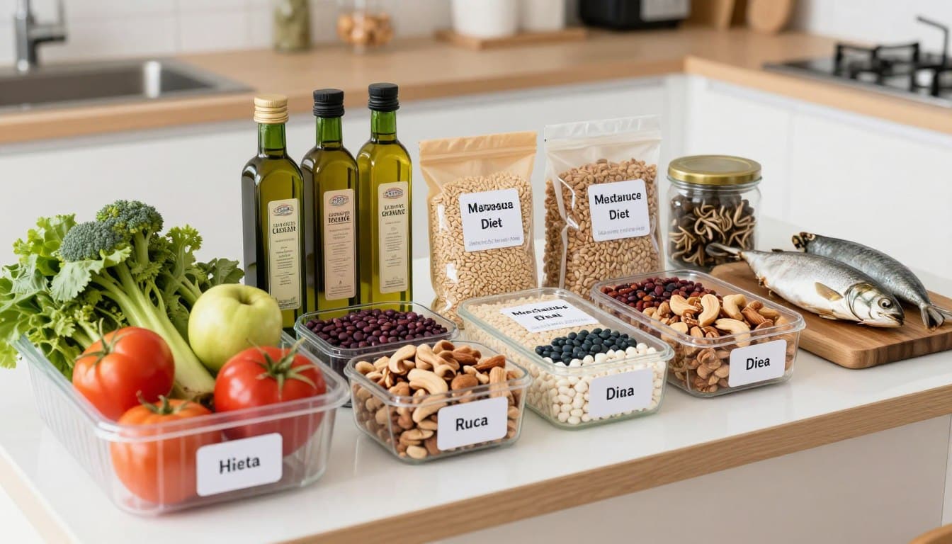Organized Mediterranean diet shopping list with fresh produce, olive oil, and whole grains