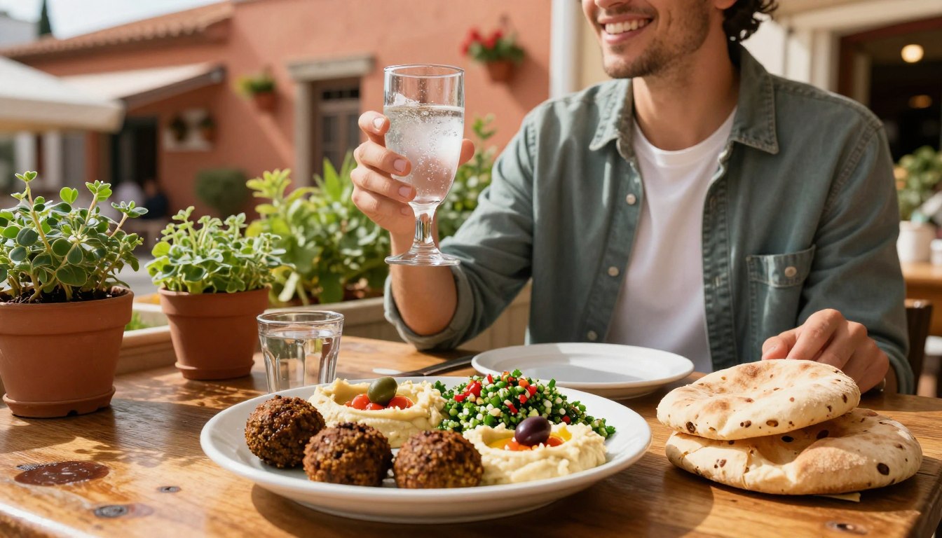 Person enjoying Mediterranean meal outdoors Person enjoying Mediterranean meal outdoors