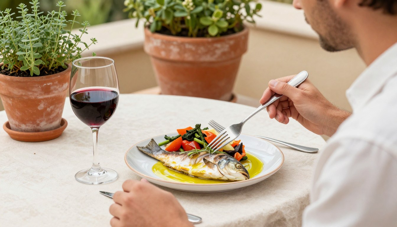 Person enjoying a Mediterranean meal outdoors, representing the sustainable lifestyle approach to managing insulin resistance Person enjoying a Mediterranean meal outdoors, representing the sustainable lifestyle approach to managing insulin resistance