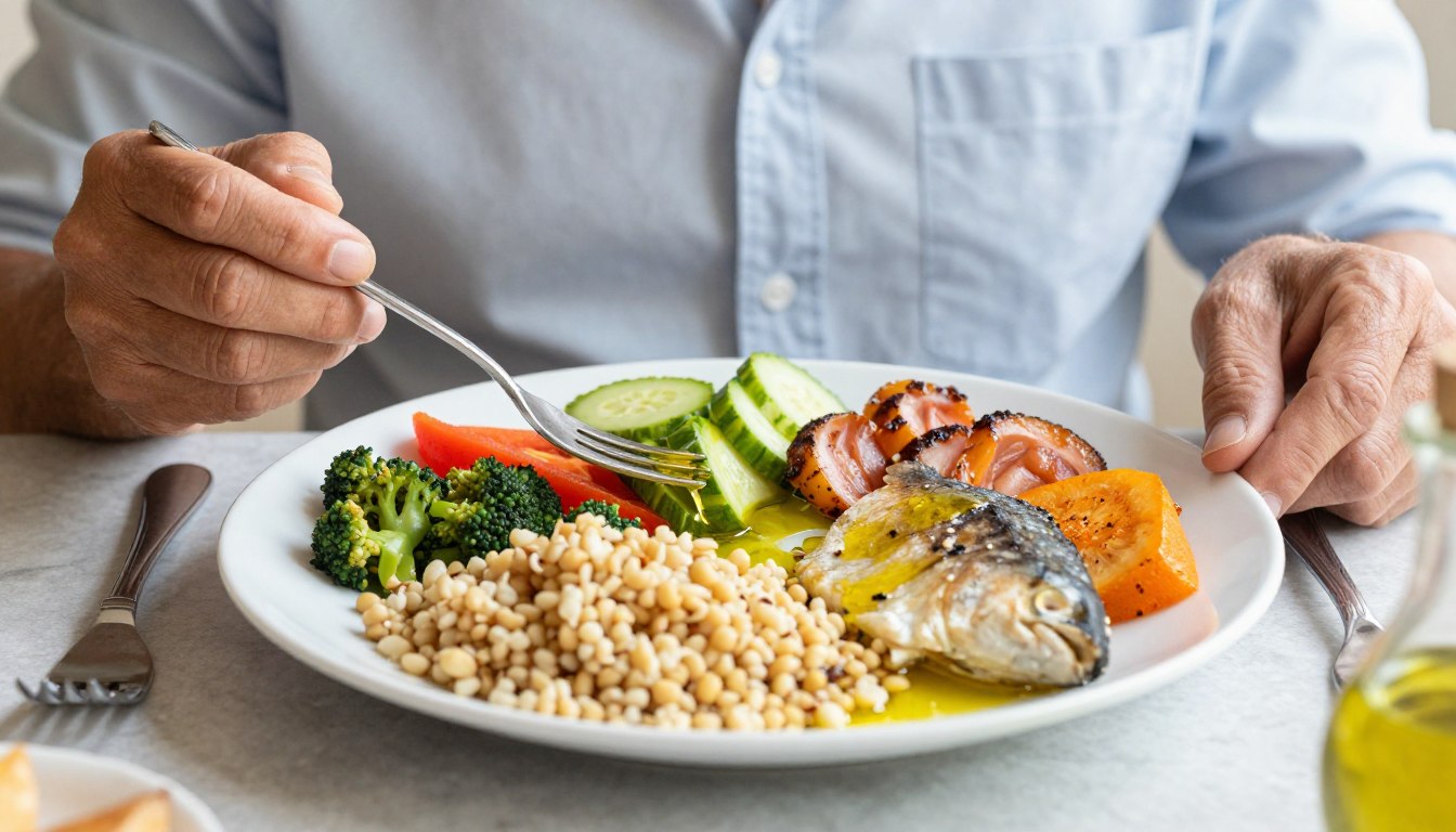 Person in their 50s enjoying a colorful Mediterranean meal
