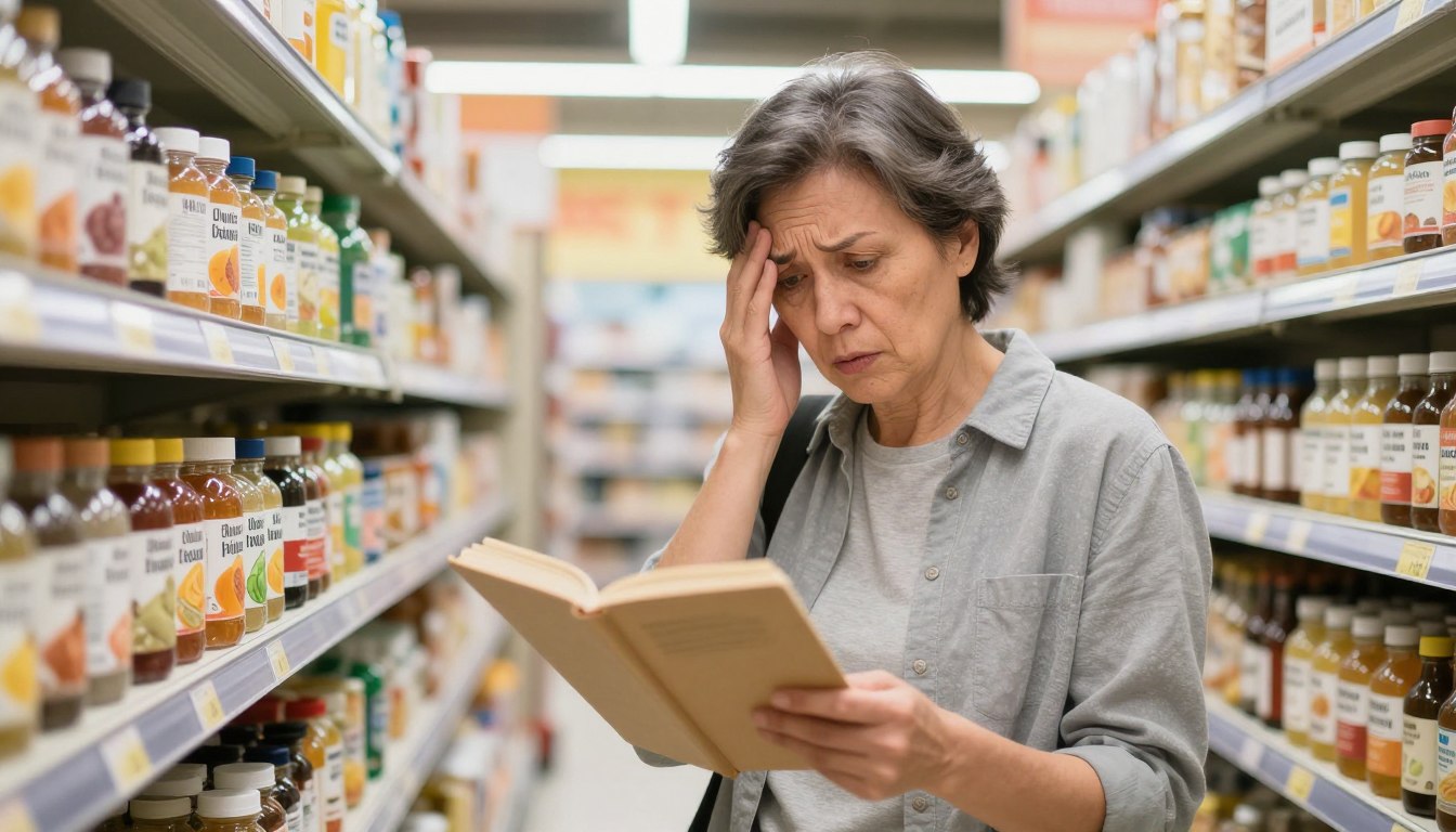 Person looking confused while reading nutrition labels in a grocery store