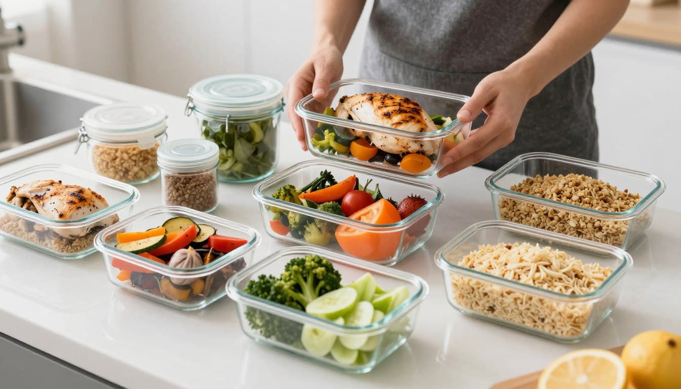 Person meal prepping Mediterranean diet foods in containers for the week