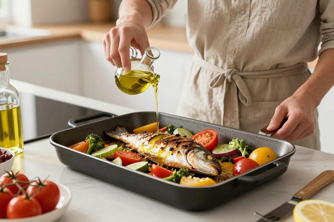 Person preparing a Mediterranean meal with olive oil, vegetables, and fish