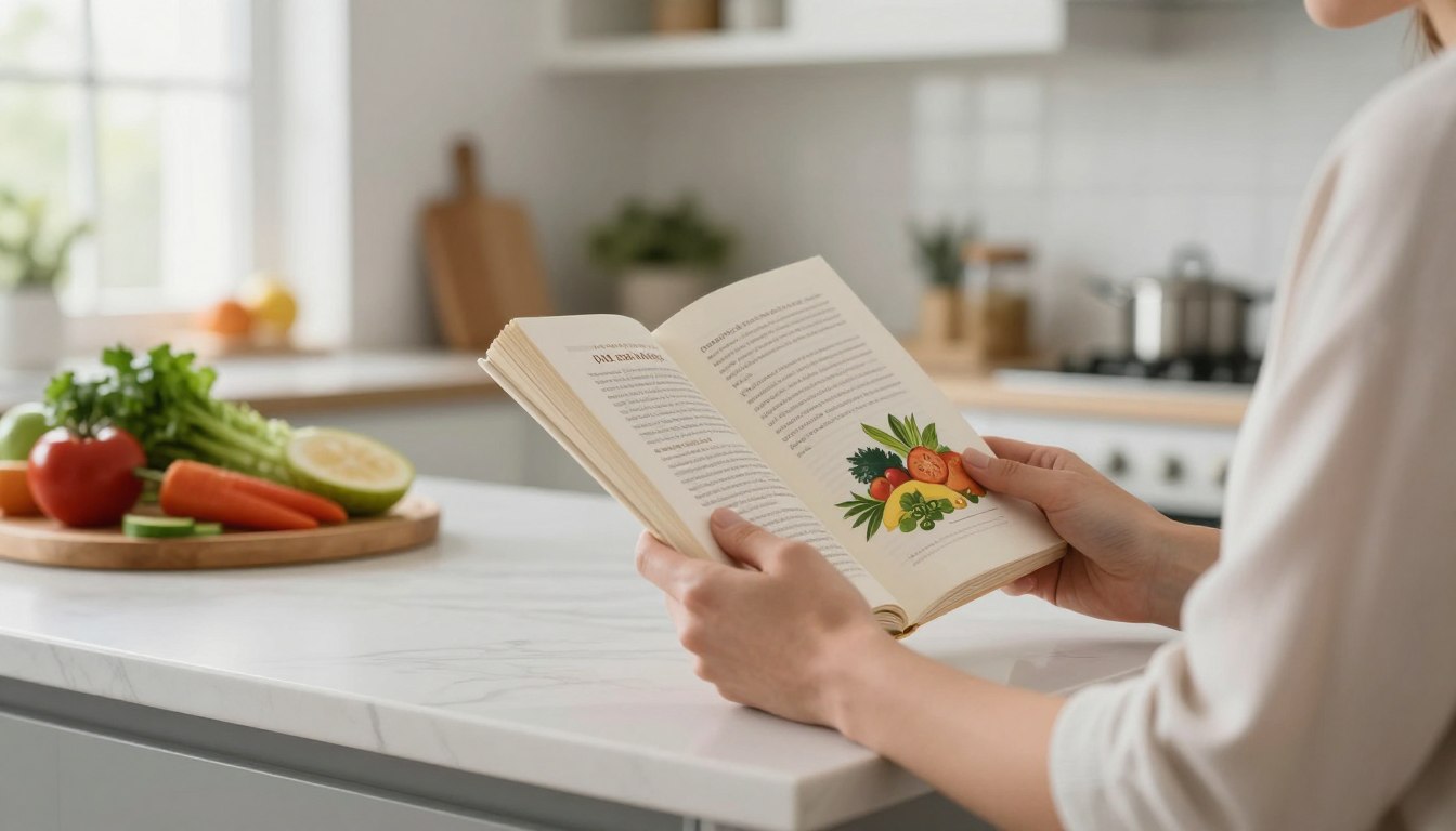 Person reading a Mediterranean diet cookbook in a bright kitchen