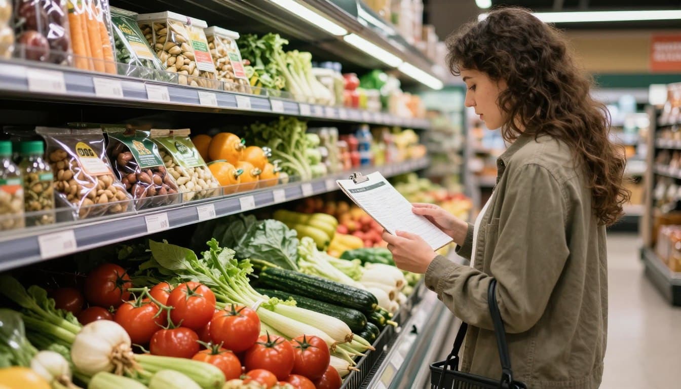 Person shopping for Mediterranean diet ingredients at a grocery store produce section