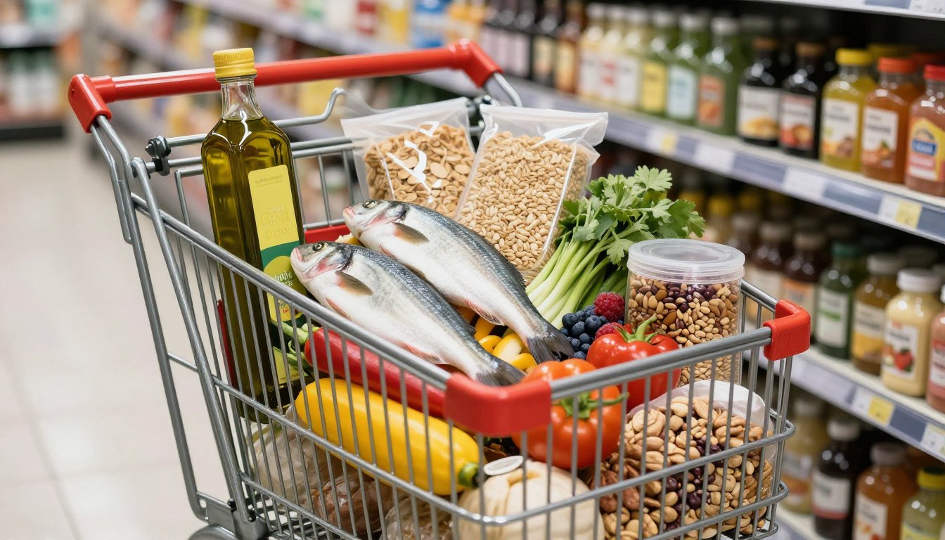 Shopping cart filled with Mediterranean diet foods that help combat insulin resistance Shopping cart filled with Mediterranean diet foods that help combat insulin resistance