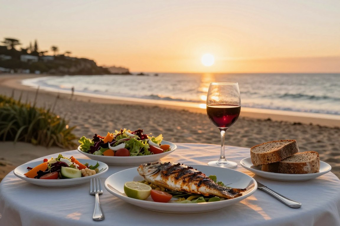 Sunset over Mediterranean-style meal on Australian beach with heart-healthy foods