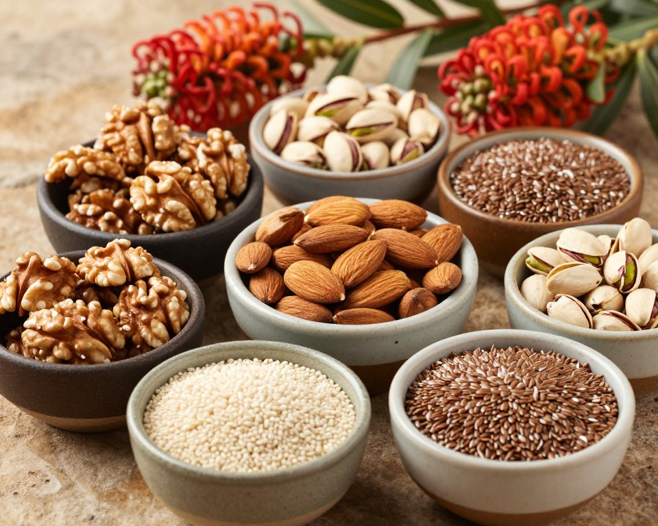 Various Mediterranean nuts and seeds in small bowls with Australian native flowers as decoration