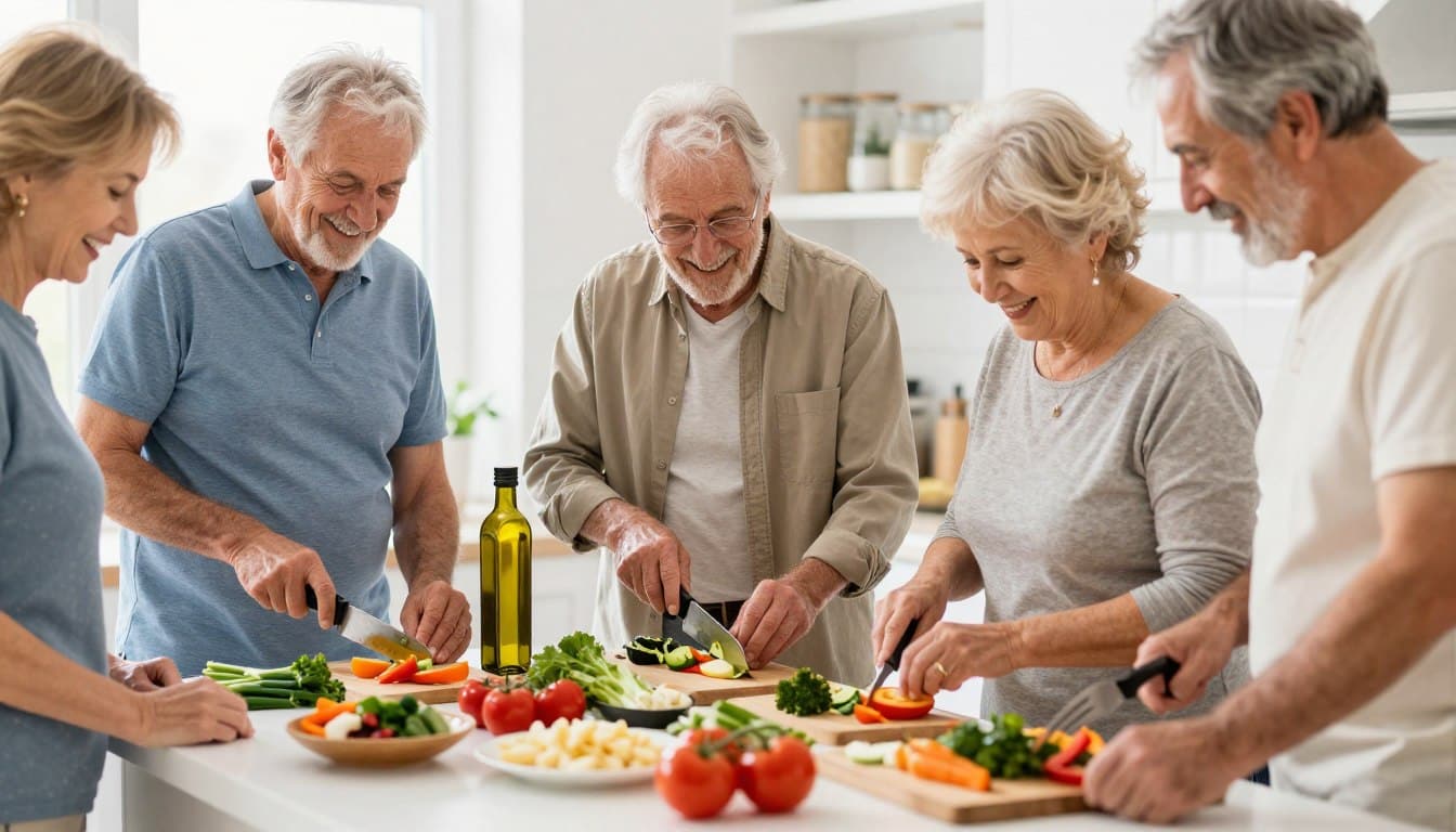 Active seniors preparing Mediterranean meal together