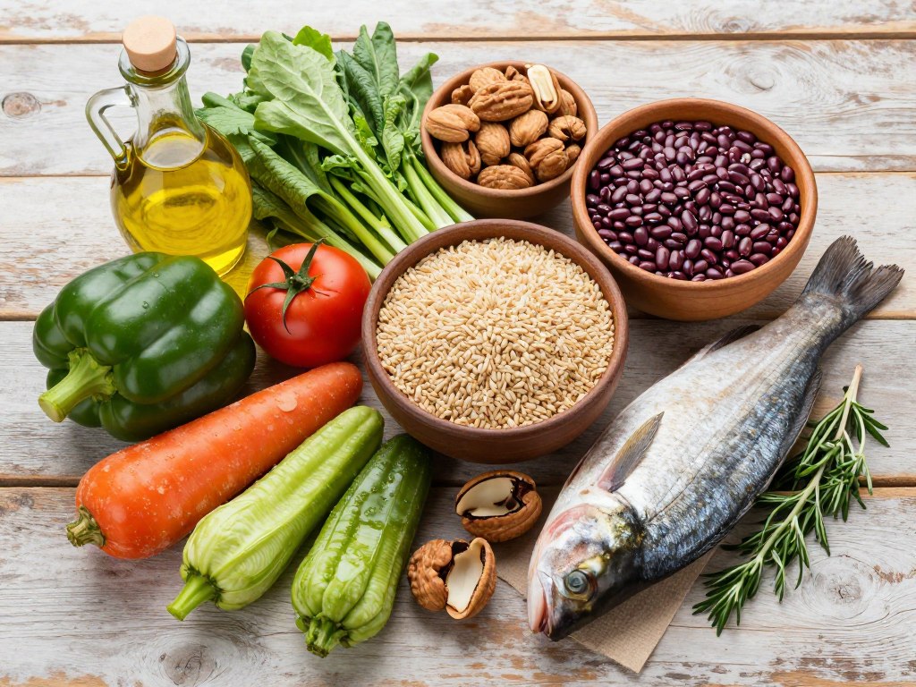 Mediterranean diet foods arranged on a wooden table