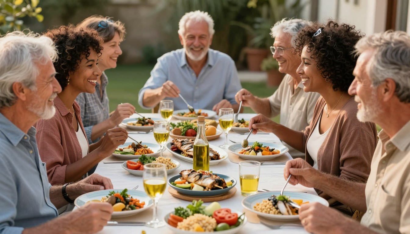 Older adults enjoying Mediterranean meal together