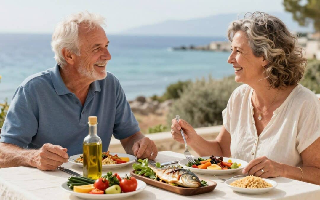 Older couple enjoying Mediterranean meal outdoors