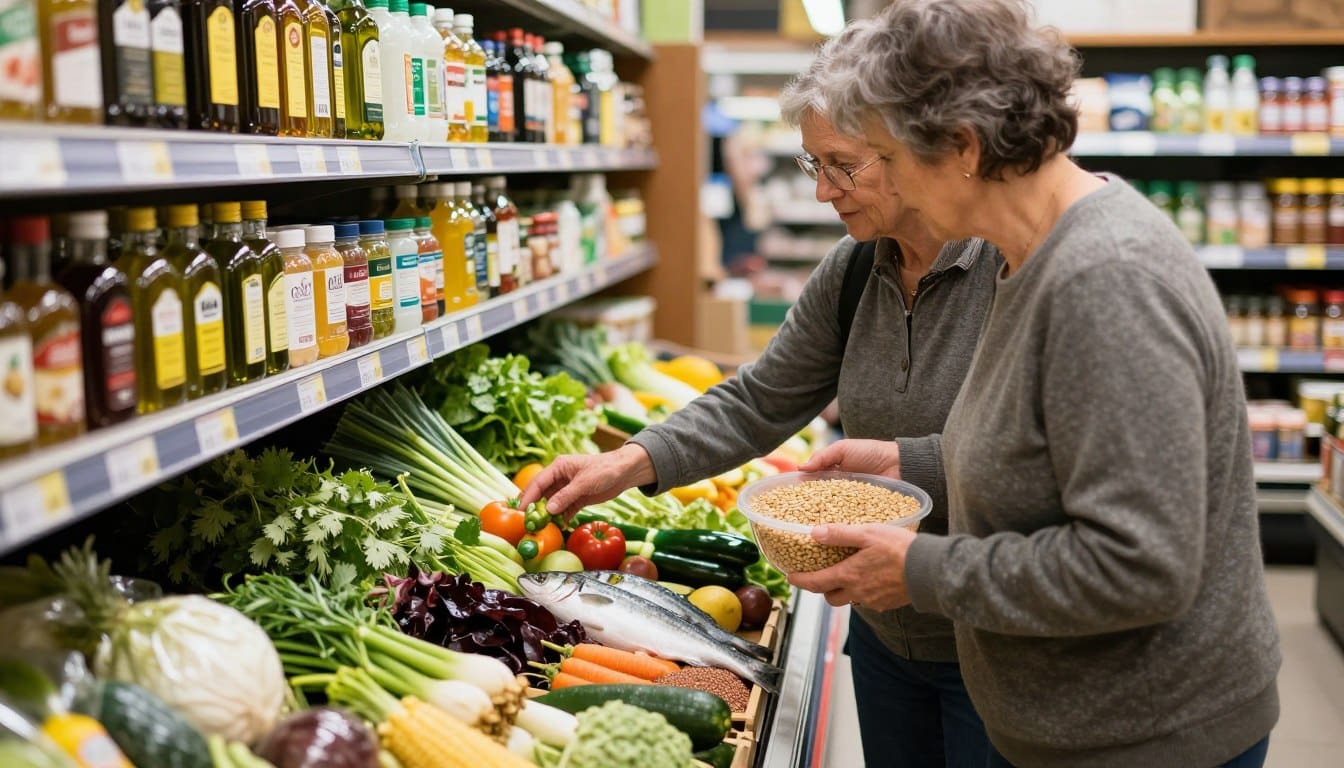 Person shopping for Mediterranean diet ingredients