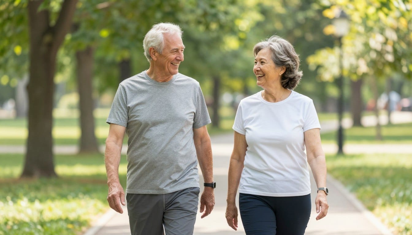 Active healthy senior adults exercising outdoors for gout prevention