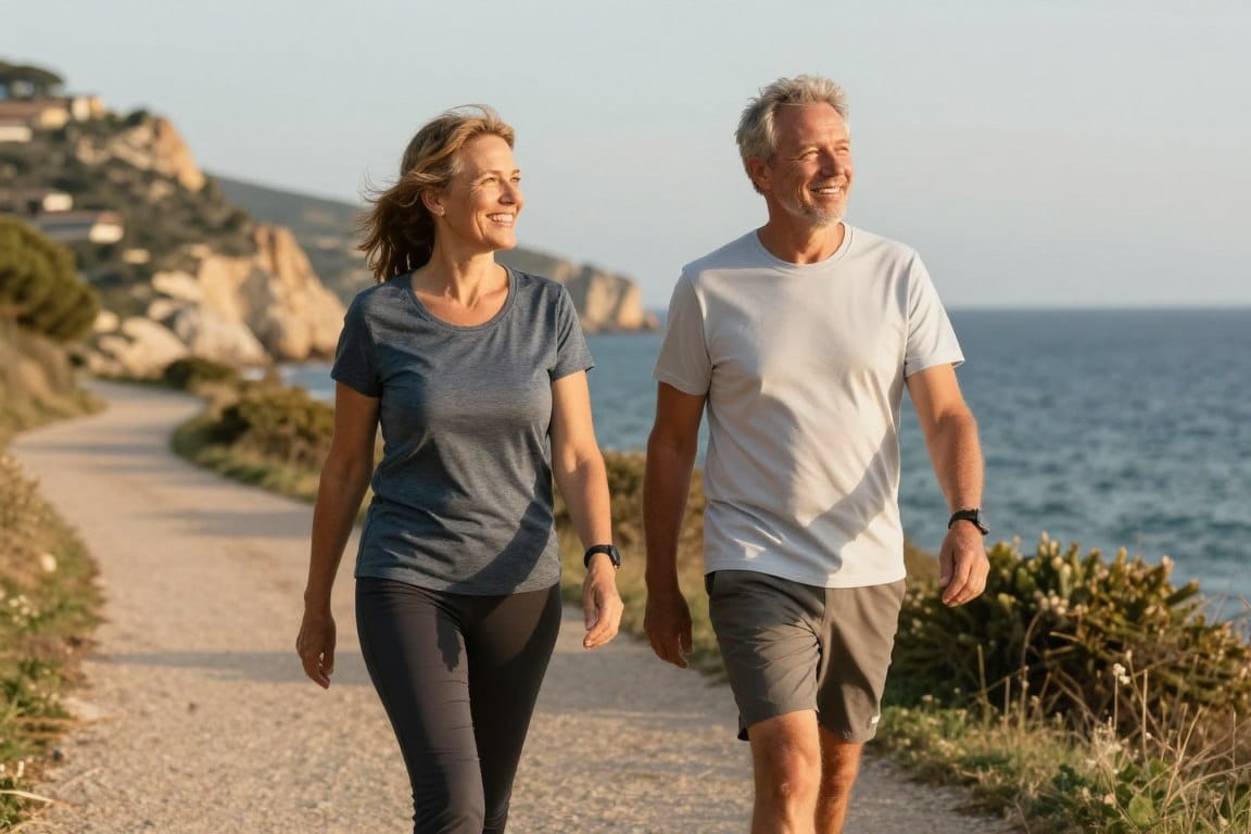 Active mature couple walking outdoors in natural setting, healthy lifestyle Active mature couple walking outdoors in natural setting, healthy lifestyle