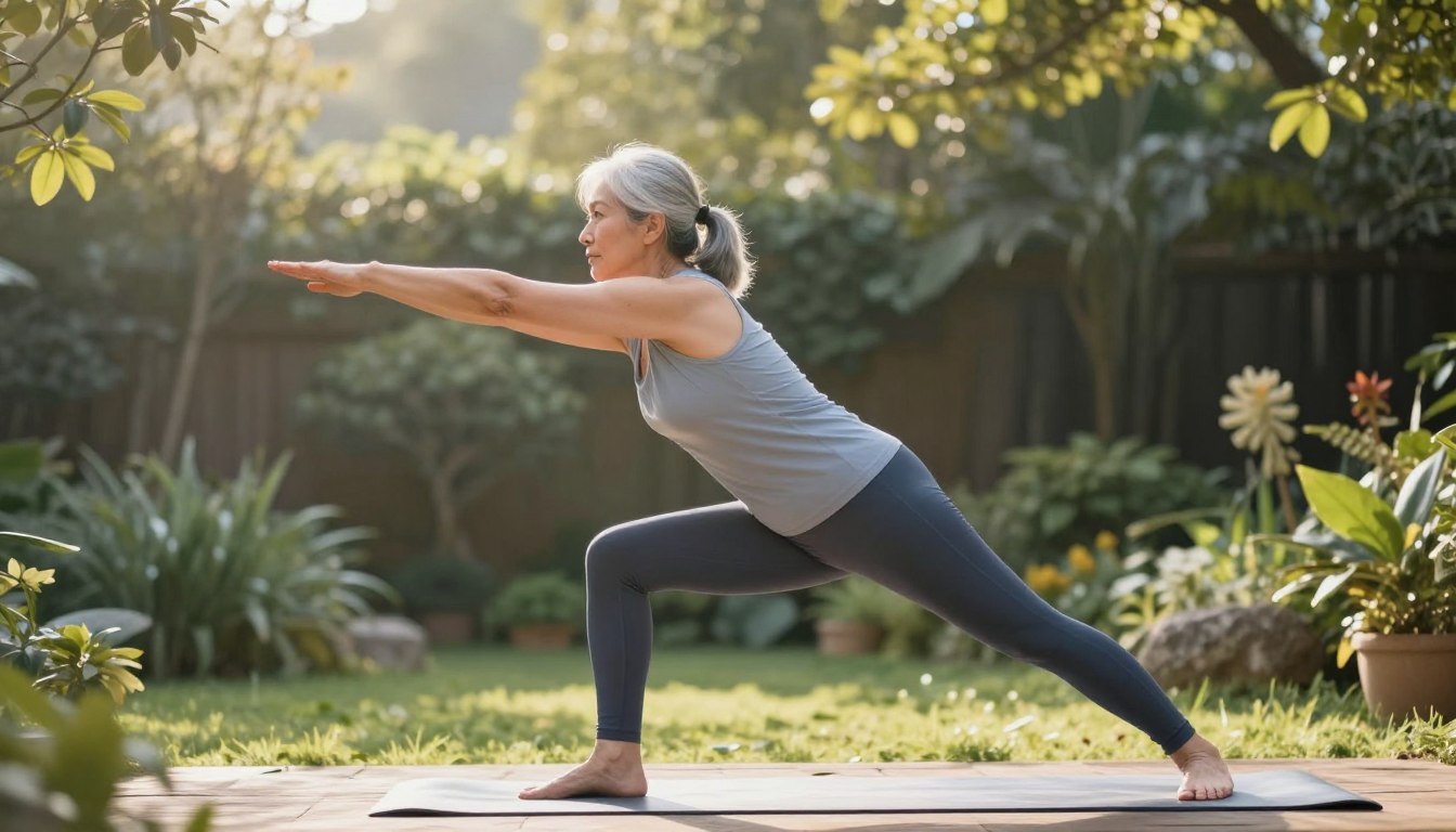 Active senior woman over 50 practicing gentle yoga outdoors for thyroid health support Active senior woman over 50 practicing gentle yoga outdoors for thyroid health support