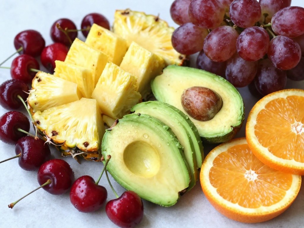 Assortment of anti-inflammatory fruits including cherries, pineapple, avocado, and citrus
