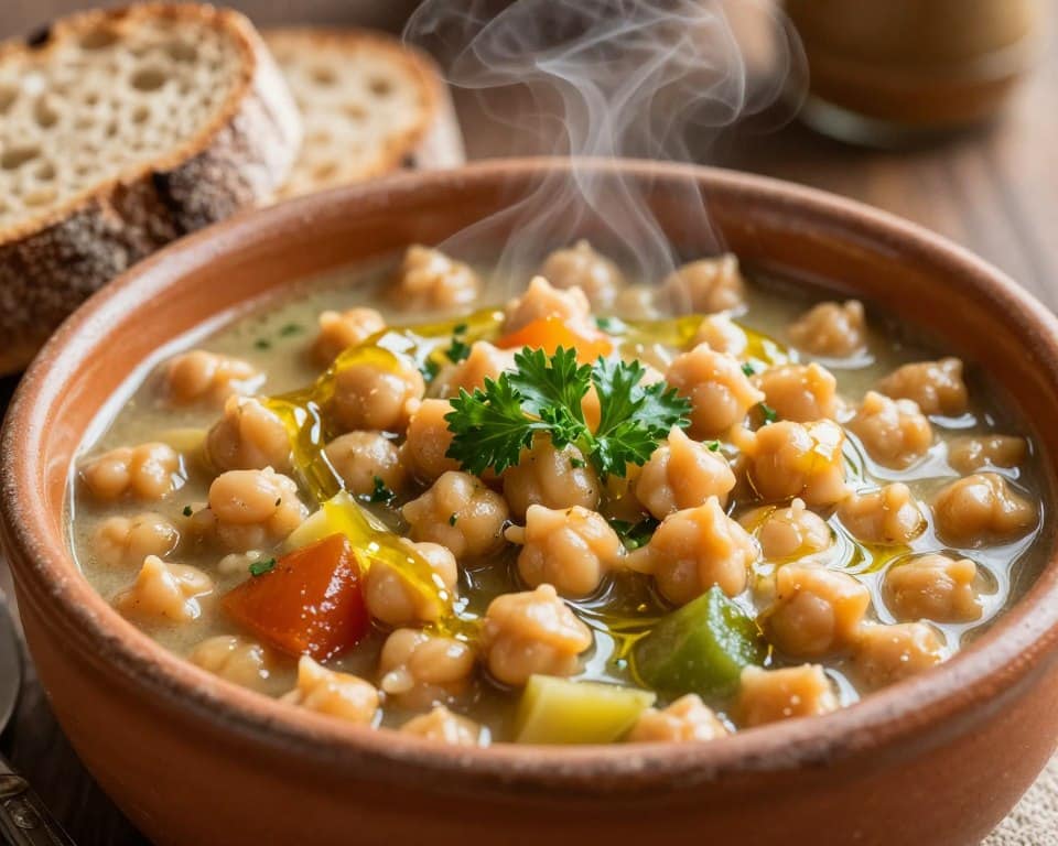 Bowl of Mediterranean chickpea stew with vegetables and herbs Bowl of Mediterranean chickpea stew with vegetables and herbs
