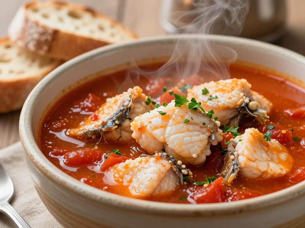 Bowl of Mediterranean fish stew with fresh herbs garnish Bowl of Mediterranean fish stew with fresh herbs garnish