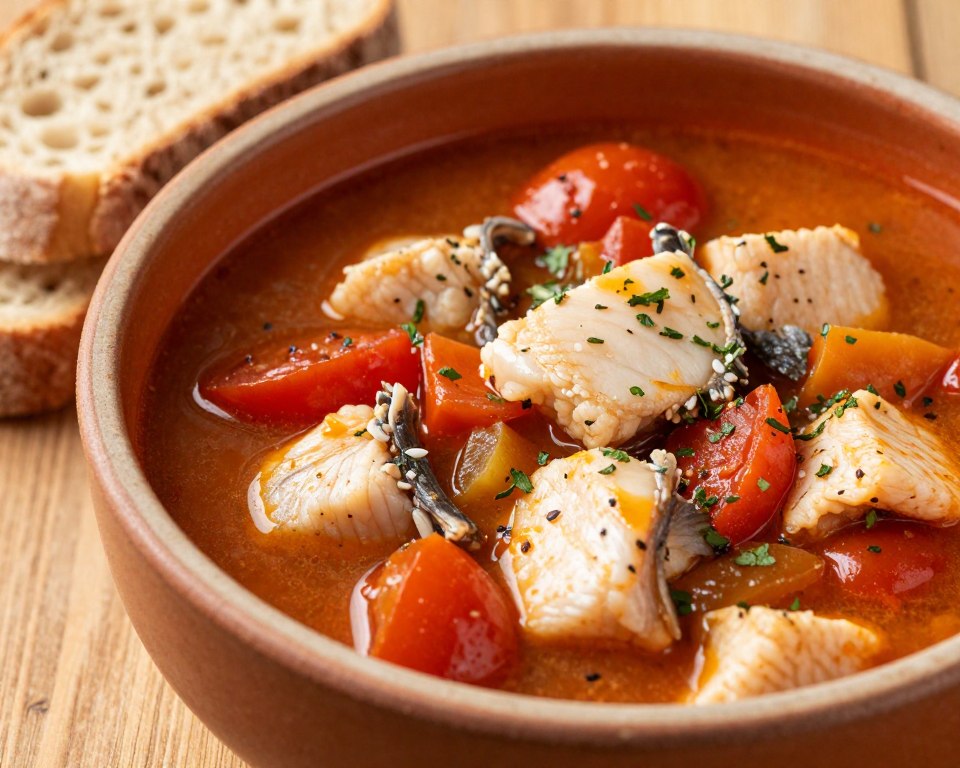 Bowl of Mediterranean-style fish stew with vegetables served in rustic ceramic bowl with crusty bread on the side