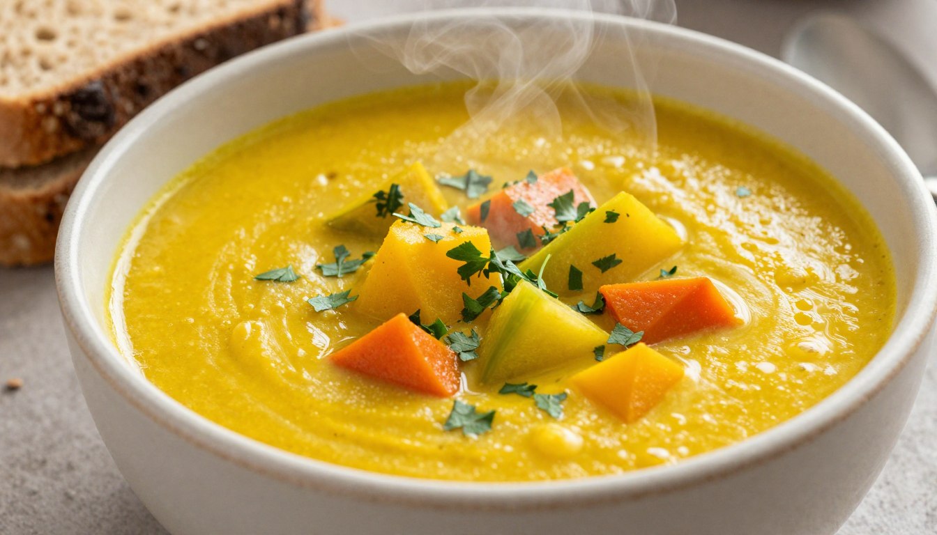 Bowl of golden Mediterranean turmeric vegetable soup with herbs