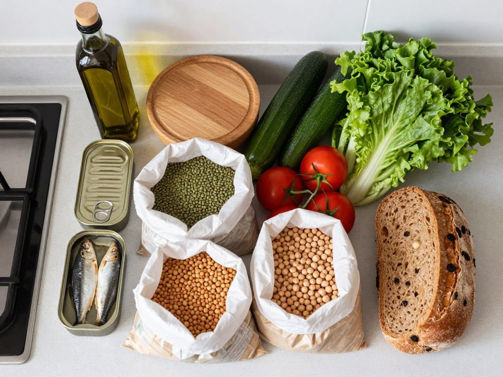 Budget-friendly Mediterranean ingredients including canned fish, dried legumes, and seasonal vegetables Budget-friendly Mediterranean ingredients including canned fish, dried legumes, and seasonal vegetables