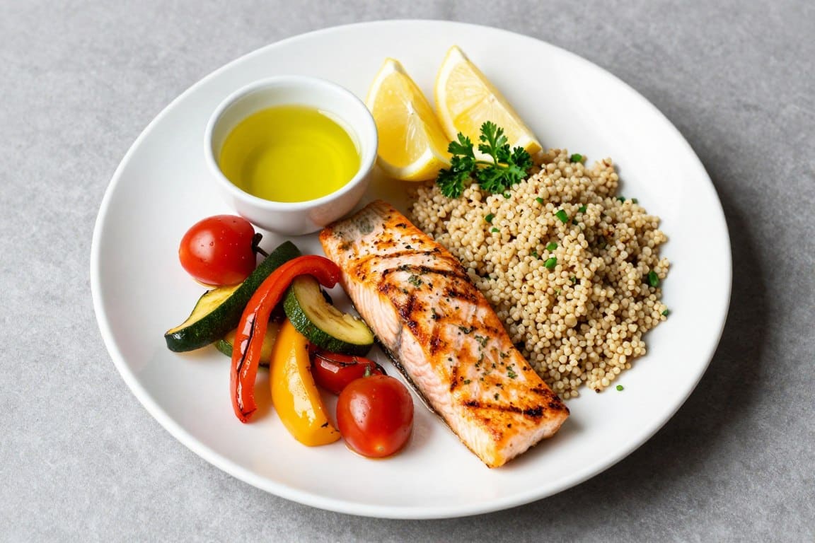 Colorful Mediterranean meal with grilled fish, olive oil, fresh vegetables, and whole grains on white plate Colorful Mediterranean meal with grilled fish, olive oil, fresh vegetables, and whole grains on white plate