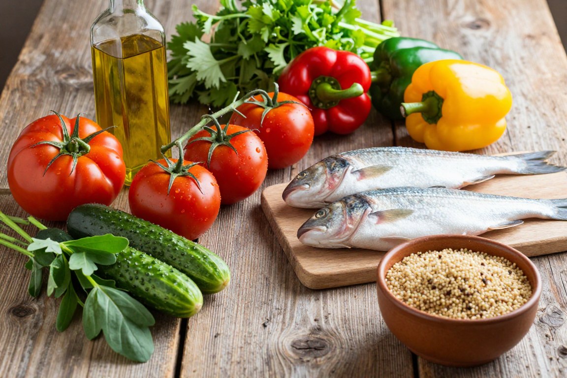 Colorful array of IBS-friendly Mediterranean foods on rustic wooden table Colorful array of IBS-friendly Mediterranean foods on rustic wooden table