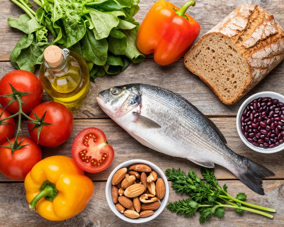 Colorful array of Mediterranean diet foods including fresh vegetables, fish, olive oil, nuts, and whole grains arranged on rustic wooden table