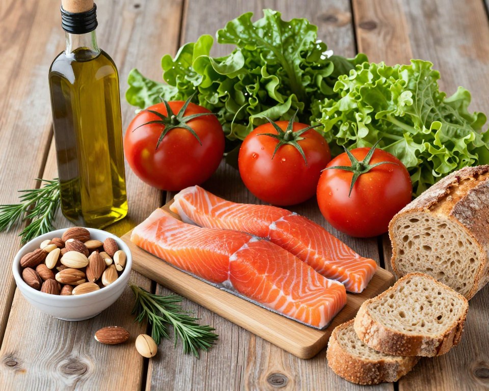 Colorful array of Mediterranean diet foods including olive oil, fish, vegetables, nuts, and whole grains Colorful array of Mediterranean diet foods including olive oil, fish, vegetables, nuts, and whole grains