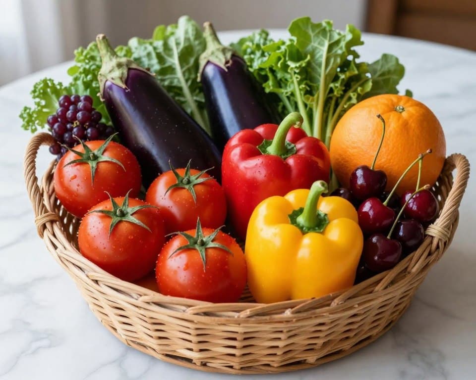 Colorful array of fresh Mediterranean vegetables and fruits for gout-friendly diet