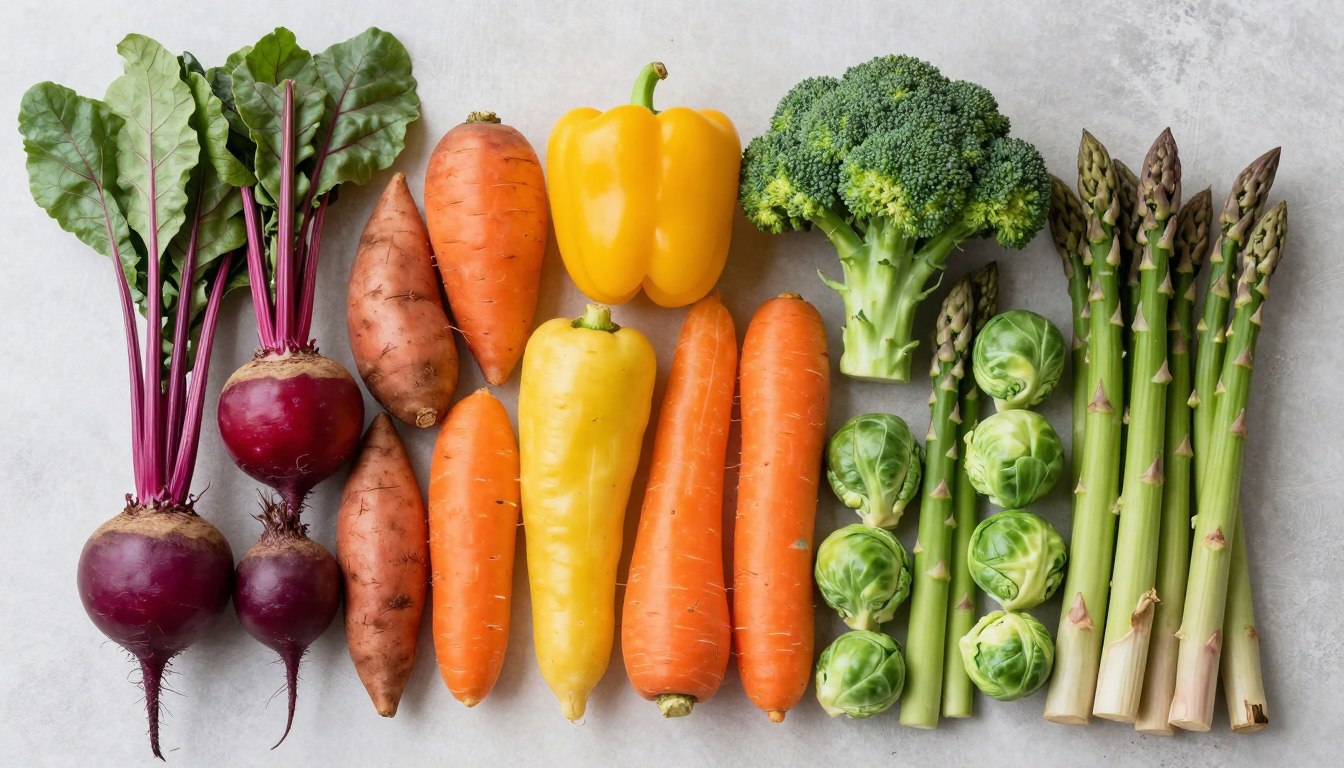 Colorful array of vegetables arranged by color groups