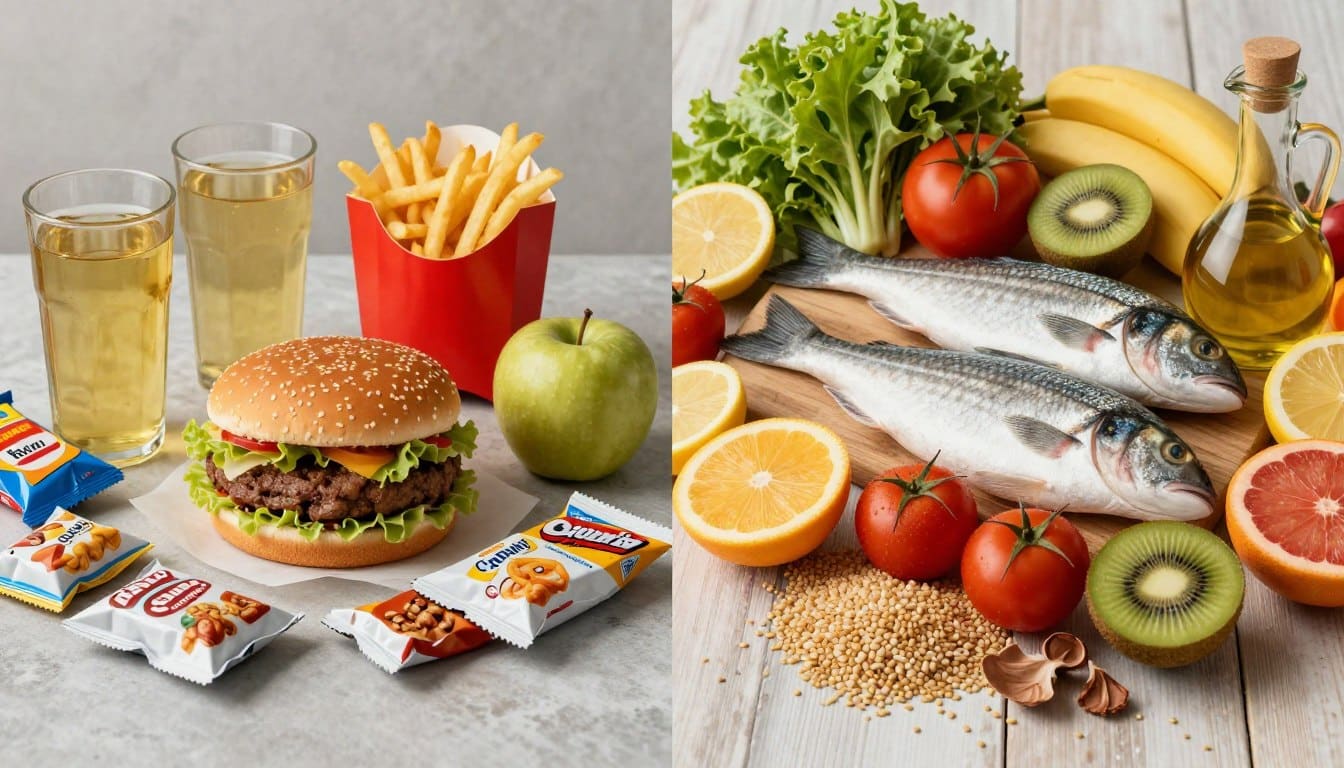 Comparison showing processed foods versus fresh Mediterranean diet ingredients side by side Comparison showing processed foods versus fresh Mediterranean diet ingredients side by side