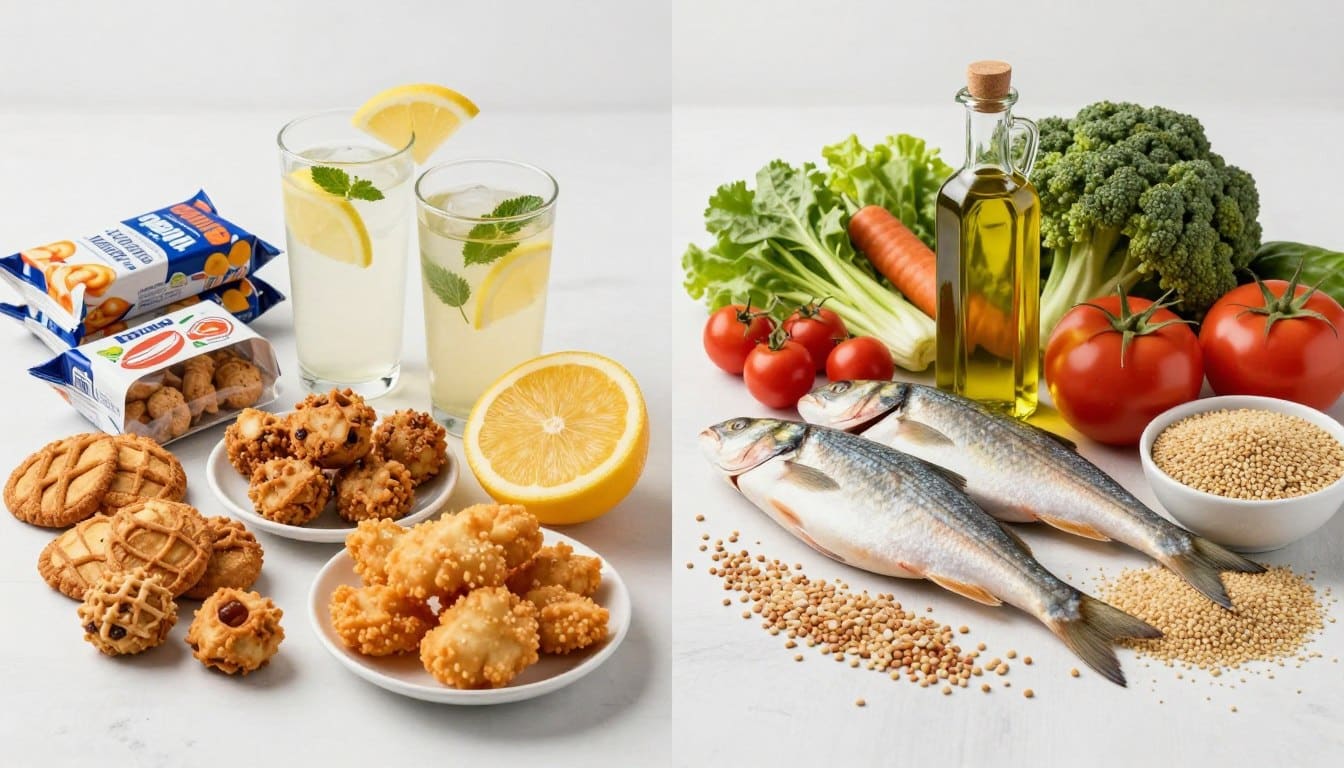 Comparison showing processed foods versus whole Mediterranean foods Comparison showing processed foods versus whole Mediterranean foods
